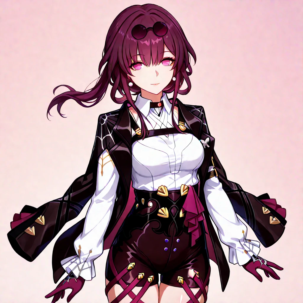 masterpiece, best quality, absurdres, perfect anatomy,origin,1girl, alternate costume, black dress, medium breasts, cowboy shot, dress, eyewear on head, hand on own hip, long hair, long sleeves, nail polish, pencil dress, purple eyes, purple hair, purple nails, shirt, simple background, solo, standing, strapless, strapless dress, thighs, white background, white shirt<lora:kafka-768-000009:1>