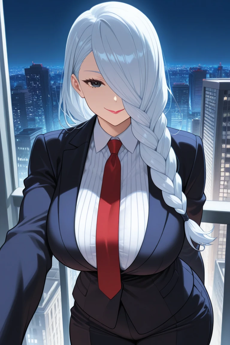 1woman, face focus, adult, business suit, jacket, white shirt, necktie, pants, best quality, hires, detailed face, office, buildings from window, detailed background, diffused sunlight, depth of field, bokeh,drop dangle earrings,blue eyes,white hairs,long hair ponytail big breasts, looking at viewer,red lipstick, smiling