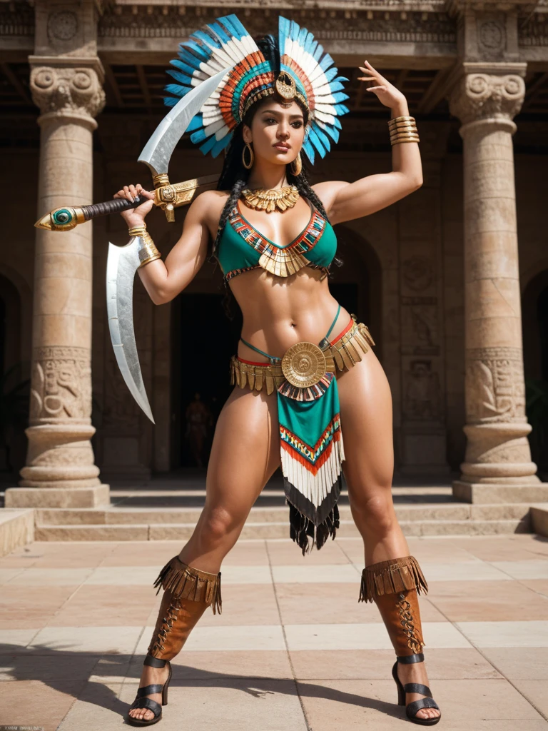 cinematographic, 4K High Definition, best of the best, The most beautiful beautiful woman, Amazonian Princess indian, wearing a bikini according to, headdress of parrot and macaw feathers, feather crown, lush body, perfectbody, lush body, painted body, ssmile, dynamic back view pose, glutes for the camera.