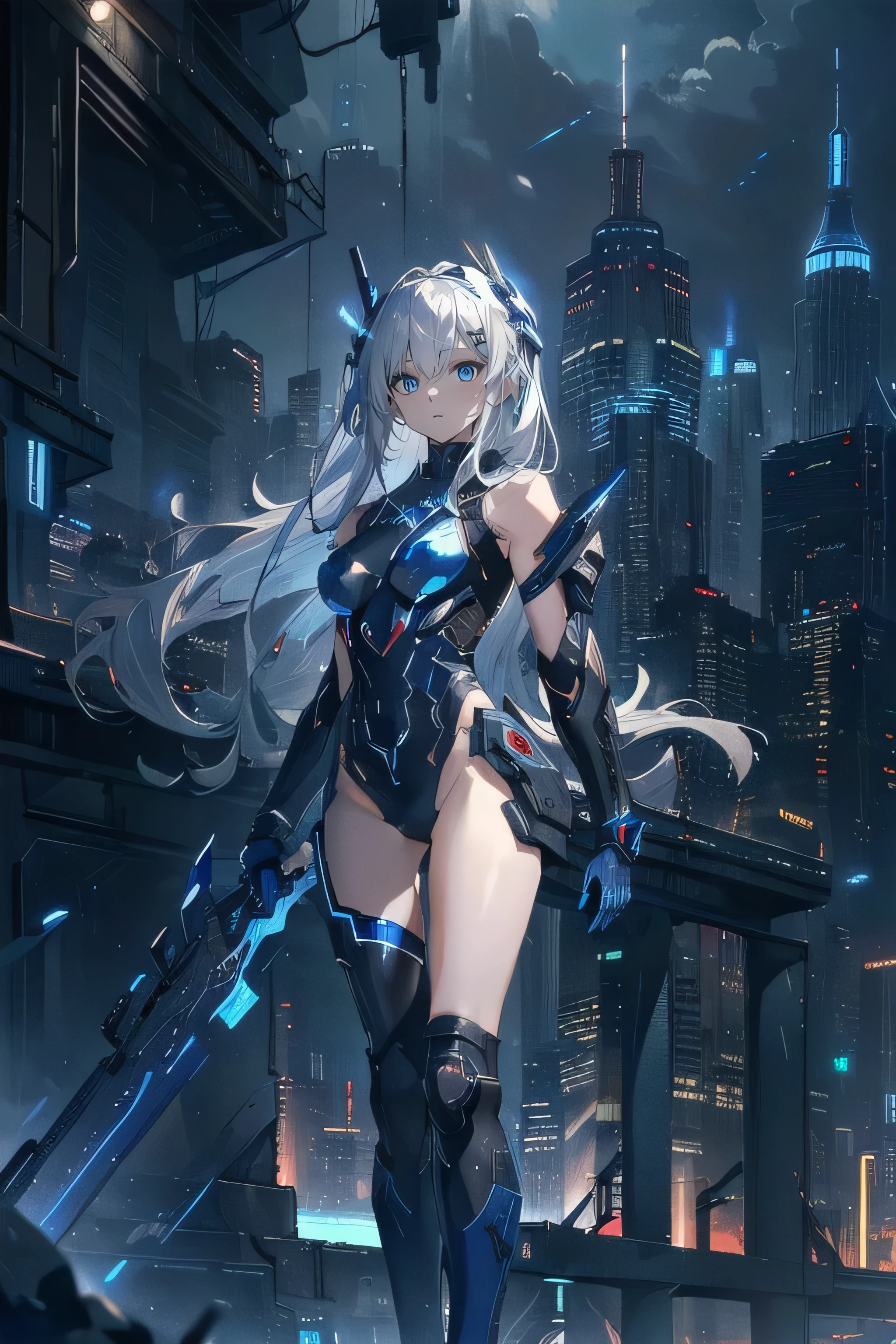 (Absurd Resolution:1.2), (ultra delicate:1.2), (masterpiece:1.2), (Photorealistic), (top-quality), BREAKA, (A girl and mechanical monsters, Standing next to each other in the center of the image), futuristic cyberpunk setting, intricate details, BREAK (cute 1girl), (16 years old), (finely detailed eyes and finely detailed face:1.2), BREAK (ultra fine-blue-cute-eyes:1.3), (Expression ultra detailed glowing Pupil), (ultra detailed Expression eyelashes), BREAK (ultra delicate Long Straight Hair white hair, hairs between eyes), (beautiful Glossy lips), BREAK (slim body and gigantic breasts:1.3), narrow waist, leggy, curvy is body without muscles, BREAK (Shiny realistic pale skin texture:1.2), (sweaty skin:1.0), precise anatomy, (4 defined fingers), (1 defined thumb), breathtaking expression, BREAK ( intricate black-Mechanical-Armor-dress, bare-Thighs:1.2), glowing energy orbs, BREAK Seductive pose, (Crisp focus, eye focus:1.2), (full body shot, shoot from front, high angle shot), BREAK cinematic composition, vibrant colors, hawken, hard surface, BREAK A military base burning in the fantastic night sky, Searchlight shines, mechanical monsters watching over the girl,
