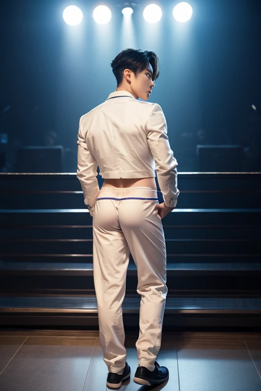 Futuristic rubber high waisted white bodysuit, skin tight, hair visible, hands visible, gloves, boots, toned male, young man, shiny suit, hands covered, handsome boy, big bulge , thick thighs , thick hips , handsome Korean man , K-pop idol, phat ass ,(bare thighs), exposed thighs , sexy , NSFW , eroticism , epic reality , epic photorealistic , (bare ass),handsome Korean boy , only male , only boy, buzz cut hair, (phat fat ass)
