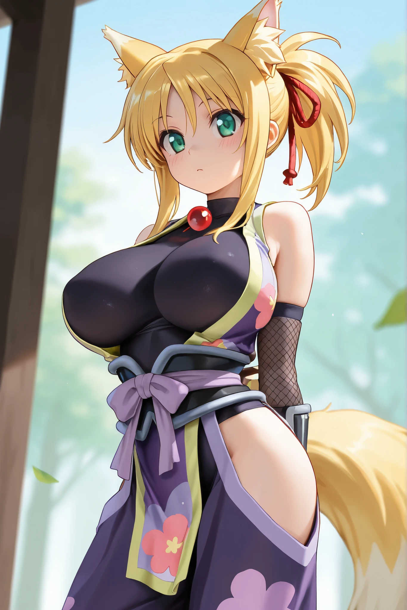 masterpiece, high resolution, best quality, rendered art, beautiful art, well formed fingers and hands, 1 woman, solo, Lumine, blonde, adult, grown up, 31 years old, large and round breasted, cleavage, full body, wearing a Iroha Samurai Spirits cosplay, Iroha_Samurai_Spirits_cosplay, maid hat, choker, fingerless gloves, black tights, sexy and skimpy kimono, pelvic curtain, white maid uniform,doing exercise, warming up, working out, sexy and captivating training, smiling joyfully and happily , looking at the viewer, panties peek, sweating , bouncing breasts, t back thong, training montage session, beach environment                