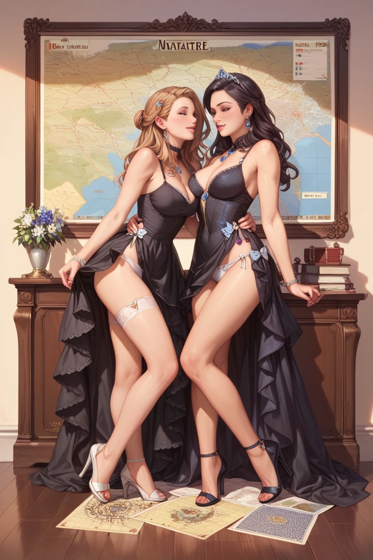 Two rich noble women of middle age from the 18th century, in an opulent living room, dressed in alluring outfits revealing their breasts and pubes, tenderly engaged in intense lesbian seduction, seated comfortably on a sofa.