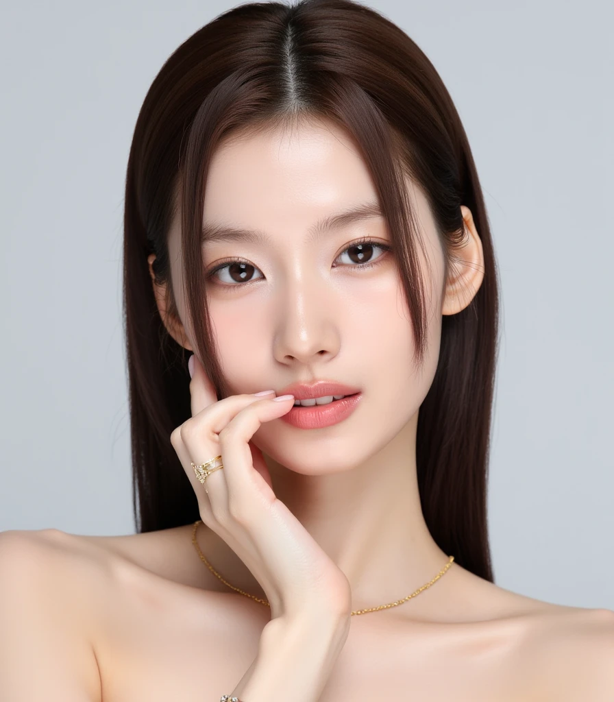 (highest quality, masterpiece), 1 girl, beautiful girl, Brown_eye, ((hair color [Silver hair], [Pixie cut with bangs] hair)), earrings, lips, short sleeve,realistic, tight waist, attractive, Colorful Makeup, Long eyelashes, Fair skin, (cute), (Detailed face), Detailed Eye, Detailed iris, 