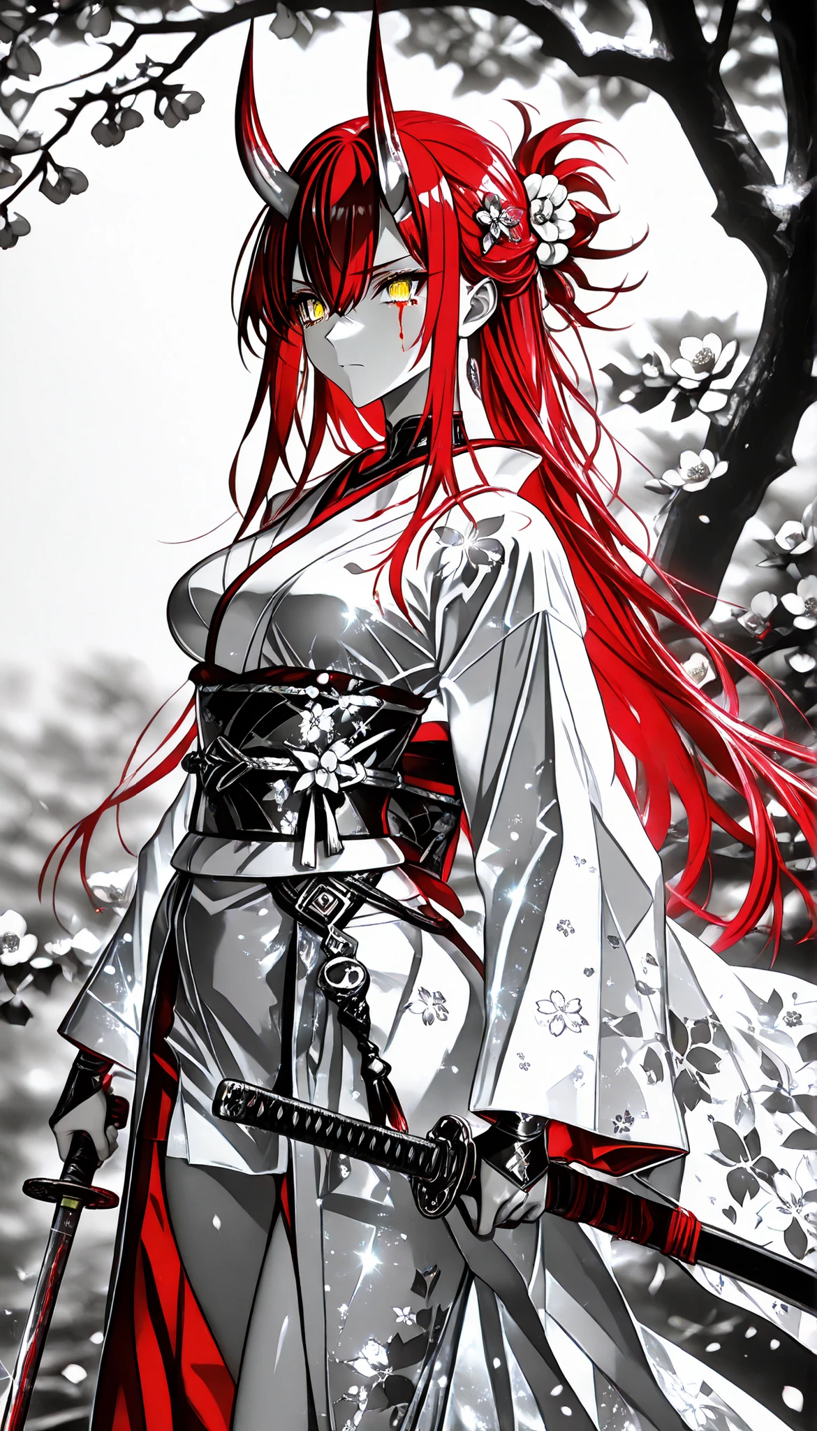 1 girl , golden eyes , very long hair , long sidelocks, red hair ,half updo, petite , very cute , beautiful ,Straight hair, cool, handsome, hair between eyes, sexy, medium breasts , blood tears, white kimono, sengoku period, white warrior, white armor, sharp gaze, female warrior, beautiful, enchanting, alluring, white armored figure, demon horns, katana, messy hair, beautiful eyes, camellia flower, monochrome, greyscale, high quality, best quality, ultra details, amazing, stunning, illustration, glitter aesthetic, glowing kimono, japanese clothes, obi, traditional hair pin, floral print, 4k, 8k, Ultra HD, Masterpiece, Best quality, Detailed Illustration, 8k wallpaper, detailed outfit, background sakura trees, dynamic pose, daynamic angle