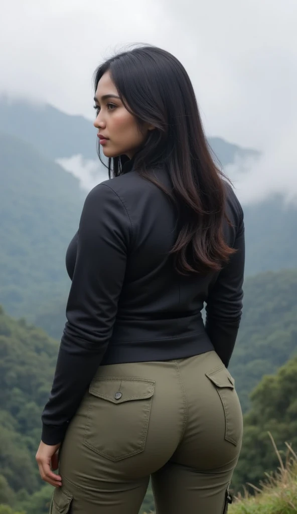 ass, from behind, from below, saggy ass, (masterpiece), best quality, realistic, 1girl, janerodbd, black eyes, lips, dirty face, dirty clothes, latina, pinstripe jacket, pinstripe pants, shirt, high-waist pants, belt, black hair, single hair bun, simple background, creepy background, forest, myst, (looking at viewer:1.2), flustered, smirk, perfect lighting, curvy, thick, wide hips, large breasts,