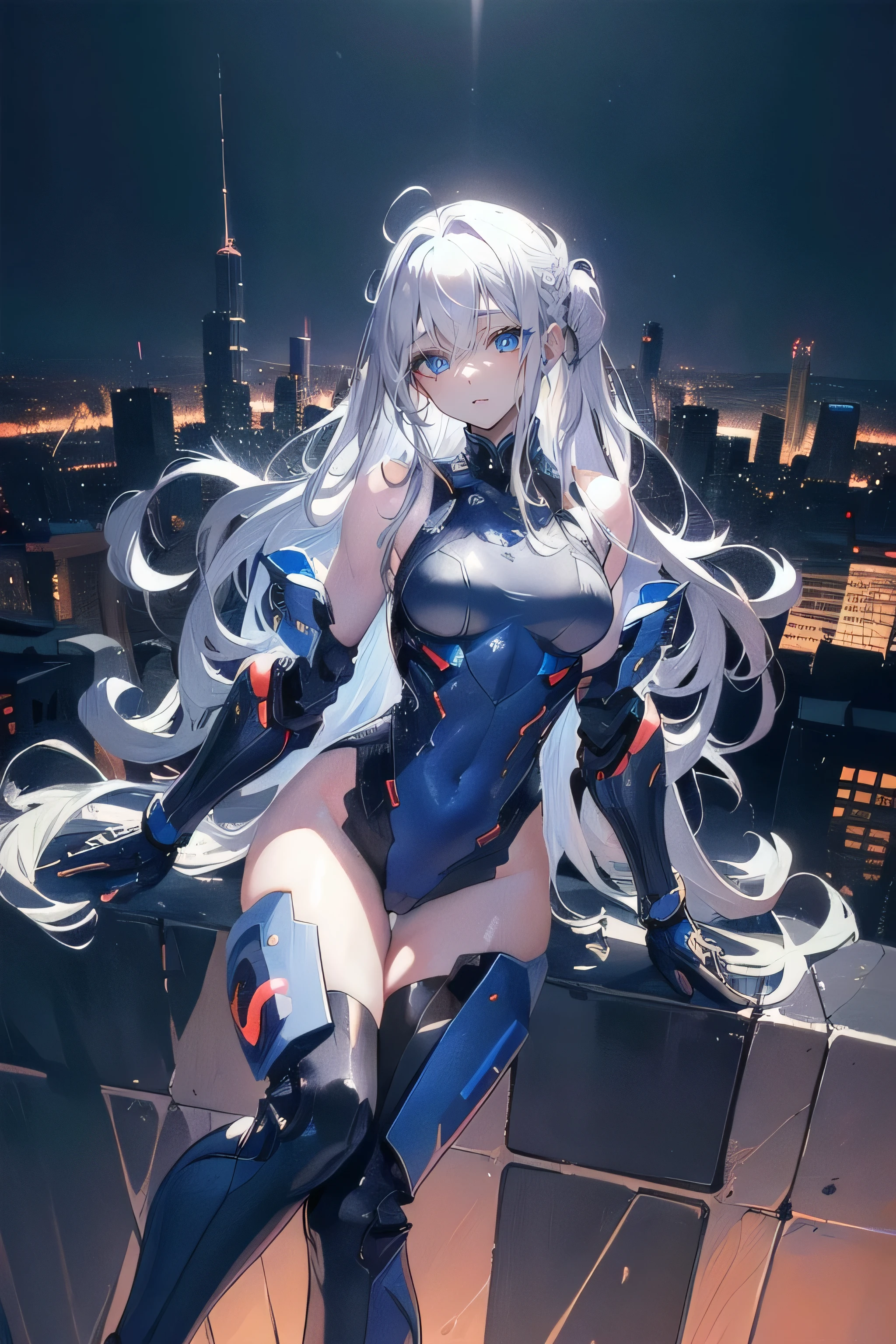 (masterpiece、highest quality、In 8K、High resolution:1.2)、alone、One Girl、 Tight clothes、Cowboy Shot、Look at the viewers、smile、Hero Suit、Bodysuits、Tight suit、Trained abdominal muscles、Trained biceps、(Hmph :1.0）、 ウルトラマンBodysuits、Shining jewel on the chest、（building:1.2)、Night Scenery