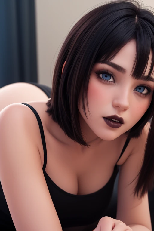 Attractive girl with big blue eyes, White skin, eyeliner and open mouth showing vampire fangs, short black hair with bob style bangs voluminous lips thin nose image 1.2 high resolution 12k gotich makeup fanart Stunning ,full-body portrait spread 3D 