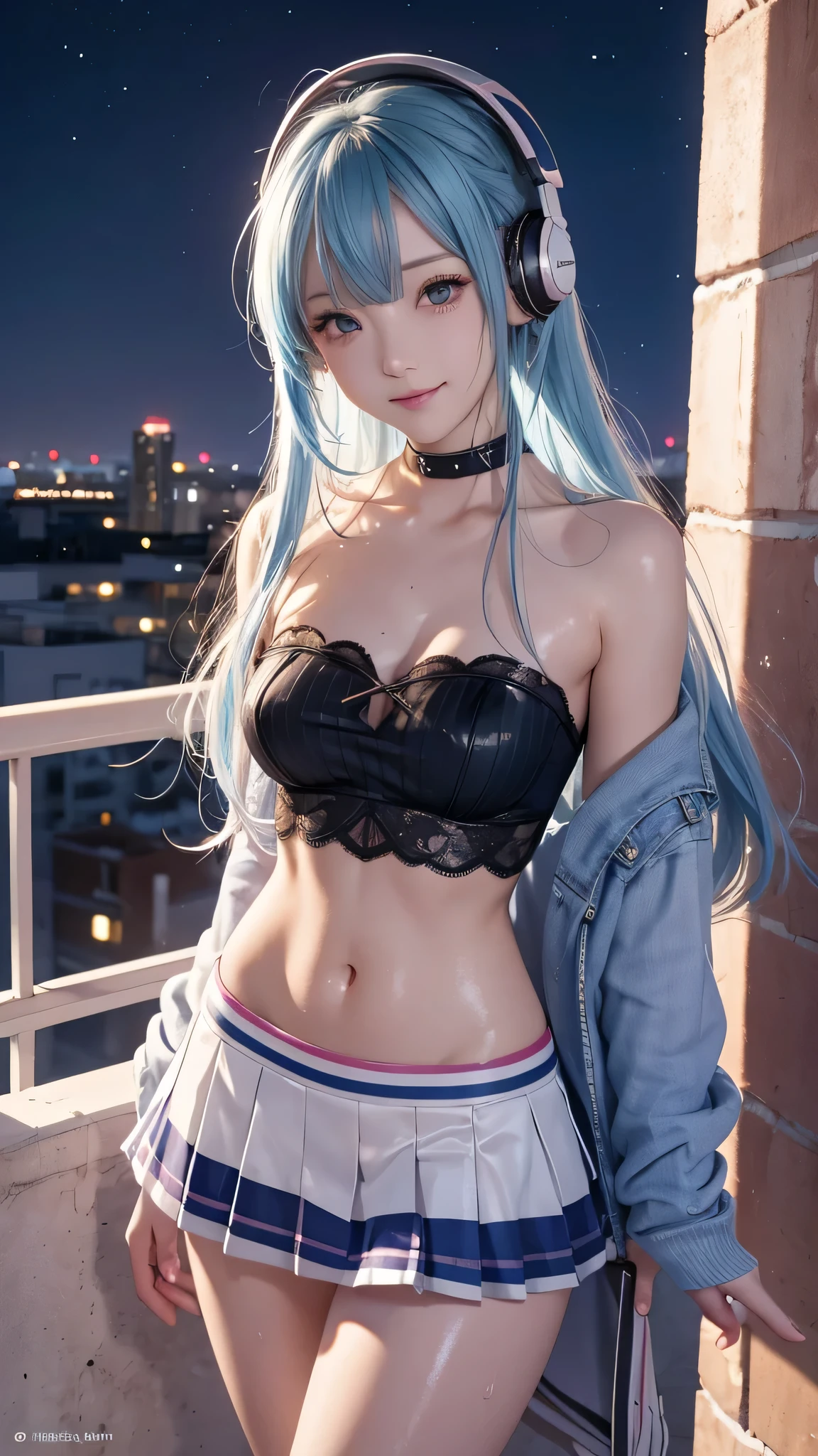 a woman with a small physique, white skin, long blue hair and green eyes, dressed in a black suit.
