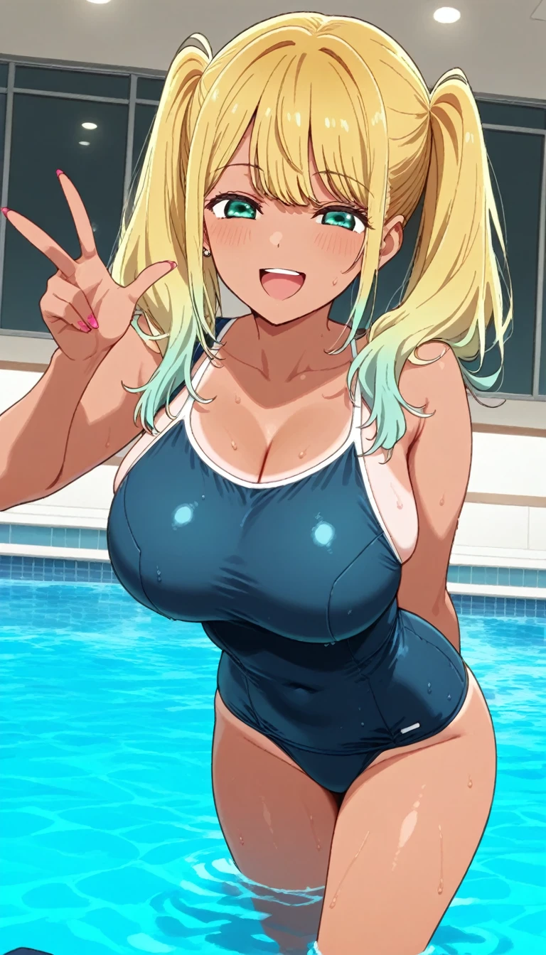 Score_9, score_8_up, score_7_up, source_anime, deep cleavage, 5_fingers, rating_safe, gyaru, pink hair, blonde hair, multicolored hair, bangs, hair ornaments, huge saggy breasts, one-piece swimsuit, white swimwear, sukumizu, indoors, blush, shiny skin, leaning forward, spread legs, ganimata, reflective skin, oiled skin, wet skin, sweat, Through the glass, breast on glass, hands on glass, face on glass, glass fogs up, shower room, Perspective, dim lighting,