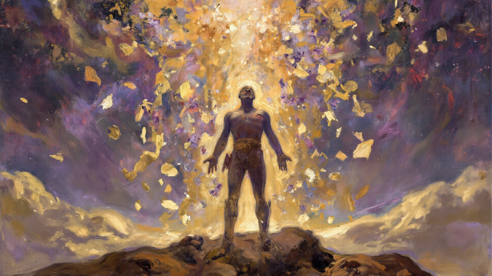 Abstract painting of a black marble statue floating through a rainbow glob of space goo. cosmic swirls of magical background. Painterly. The statue is spinning and forced perspective causes one of it's hands to be very close to the viewer. Angled depth perspective.