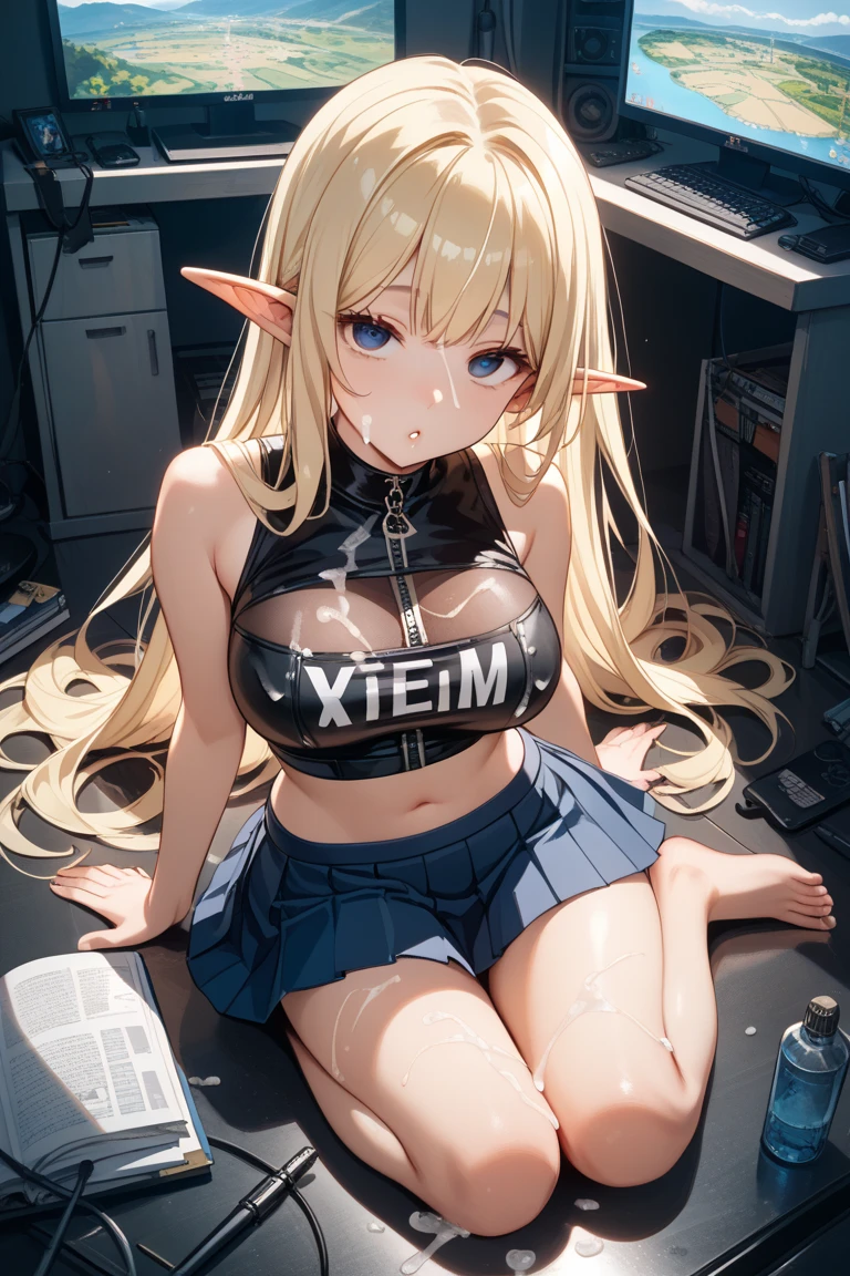 1girl,large breasts,cleavage,elf,elbow gloves,green eyes,circlet,sweat,at computer,keyboard \(computer\),spoken question mark,anguish,