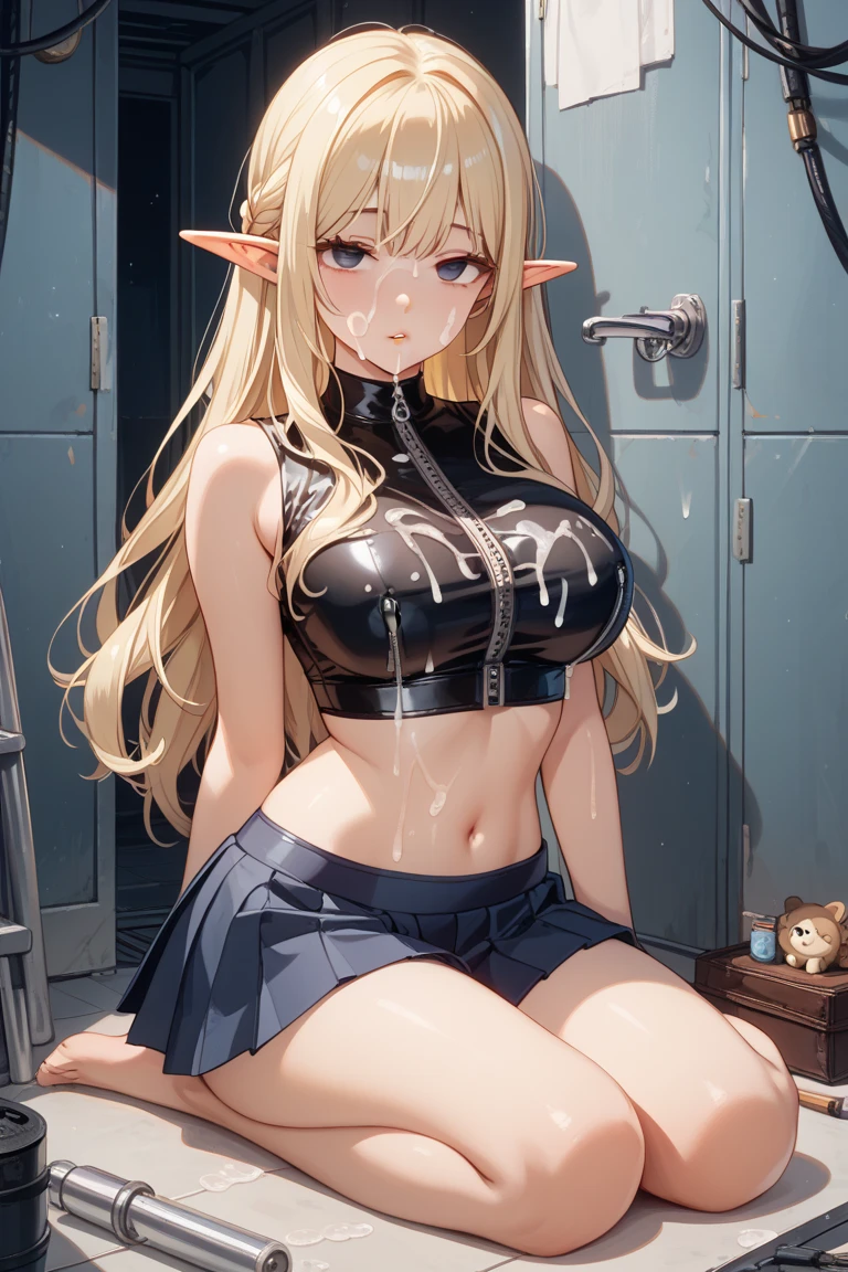 Anime style, Painting, absurderes、perfect anatomia、Olivier Mira Armstrong、bra very、Bra visible from clothes、Braline、out、‎Classroom、cleavag breast、clavicleFrom above、big breasts, length hk, pleatedskirt, School Desk, student clothes, see -through, The shirt, sitting on, Sitting on a desk, skirt by the, solo, thighs thighs thighs thighs, red blush, ssmile, elf, showing panties under the dress