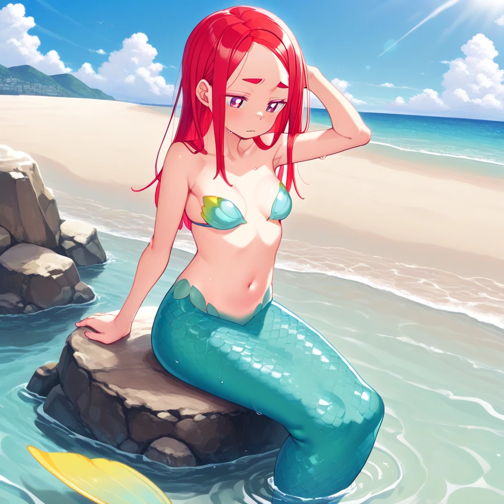 Ranmachan, Cabello rojo, Cabello con trenza, pechos muy grandes, pechos rebotando, senos abultados, bulto de senos, posando en la playa, tomando el sol, BATHING IN THE SEA, jugando en la playa, flotador de playa, en el mar, Mermaid