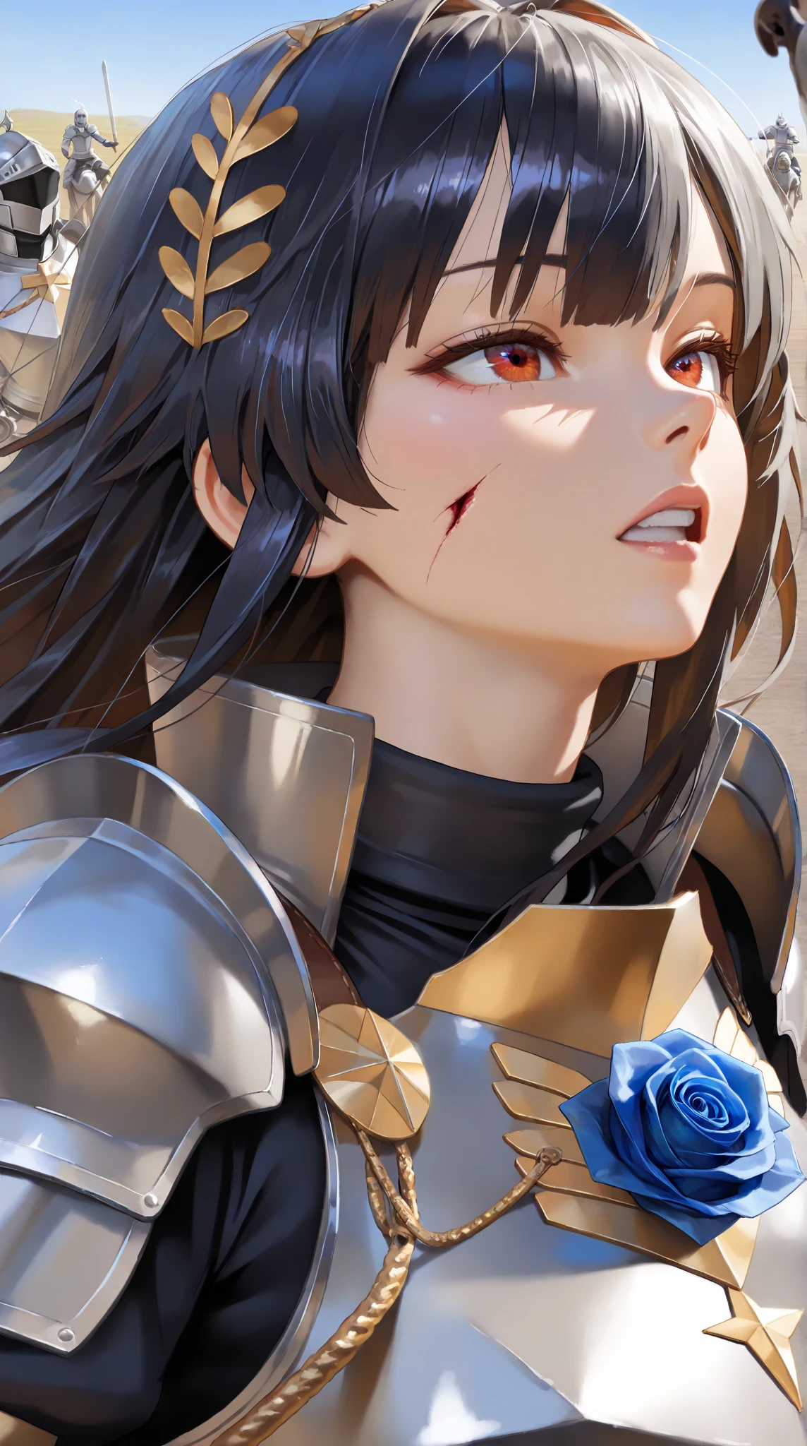 wide range shot, 
score_9, score_8_up, score_7_up, score_6_up, score_5_up, score_4_up, rating_safe, source_photorealistic
 BREAK {(masterpiece,best quality, 16K portrait, UHD, extremely beautiful detailed and super-fine-photorealistic expression)}
 BREAK {(super-fine-photorealistic expression:1.4),(super-fine-photorealistic face:1.5),(contour-emphasis),(beautiful artwork)}

The Blue Rose Knights are marching at cruising speed on their cavalry. The knights are made up entirely of women. The leader, an unknown female knight of the lower ranks, has a sword wound on her face and is a hero who has survived countless gruesome battlefields. Three strong female light infantrymen are running beside her as attendants. All of them are lightly armed and have a firm, springy gait, moving swiftly while keeping their eyes on the ground. The elite knights number 200 and are all mounted on horseback. They are running at a steady pace without getting too close to each other.