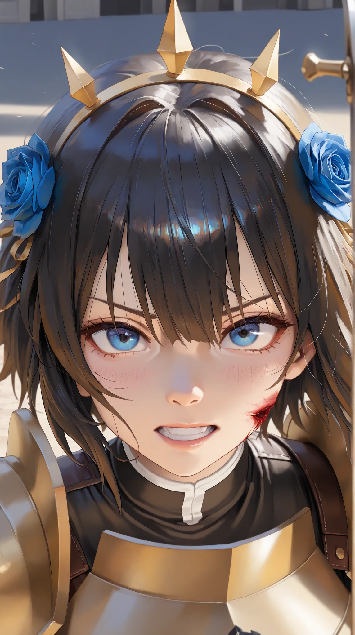 wide range shot, 
score_9, score_8_up, score_7_up, score_6_up, score_5_up, score_4_up, rating_safe, source_photorealistic
 BREAK {(masterpiece,best quality, 16K portrait, UHD, extremely beautiful detailed and super-fine-photorealistic expression)}
 BREAK {(super-fine-photorealistic expression:1.4),(super-fine-photorealistic face:1.5),(contour-emphasis),(beautiful artwork)}

The Blue Rose Knights are marching at cruising speed on their cavalry. The knights are made up entirely of women. The leader, an unknown female knight of the lower ranks, has a sword wound on her face and is a hero who has survived countless gruesome battlefields. Three strong female light infantrymen are running beside her as attendants. All of them are lightly armed and have a firm, springy gait, moving swiftly while keeping their eyes on the ground. The elite knights number 200 and are all mounted on horseback. They are running at a steady pace without getting too close to each other.