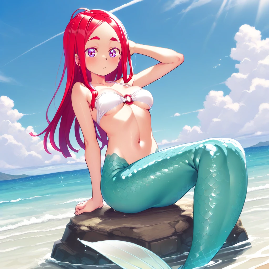 masterpiece, best quality:1.2), 1girl, smile, looking at viewer, brown hair in bun with hair sticks, golden eyes, multicolored hair, mermaid, multicolored mermaid tail, laying on beach, fin ears, head fins, seashell bra, by orchid flowers