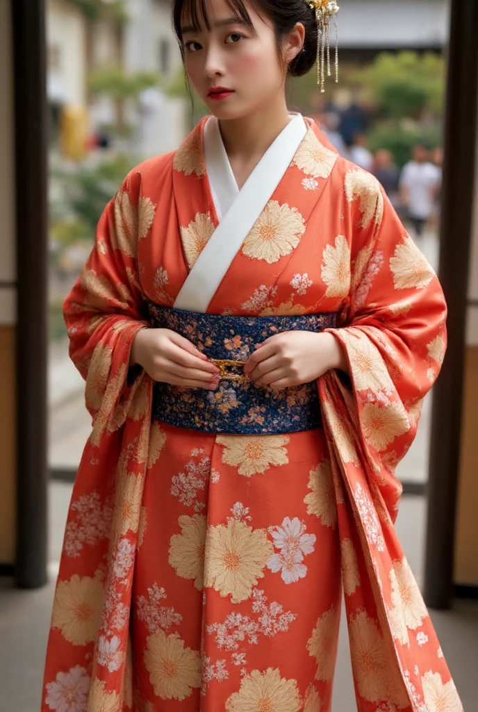(((Regular dressing:1.5))),(Surreal), (High resolution), (8K), (Very detailed), (Best illustrations), (Beautifully detailed and sparkling eyes), (Highest quality), (Very detailedな), (masterpiece), (wallpaper), (Detailed face), (Beautiful smile)、(Beautiful expression)、One female、Looking into the camera、((Glamorous Body))、(((Beautiful red kimono、National treasure-class kimono,Thick kimono:1.5)))