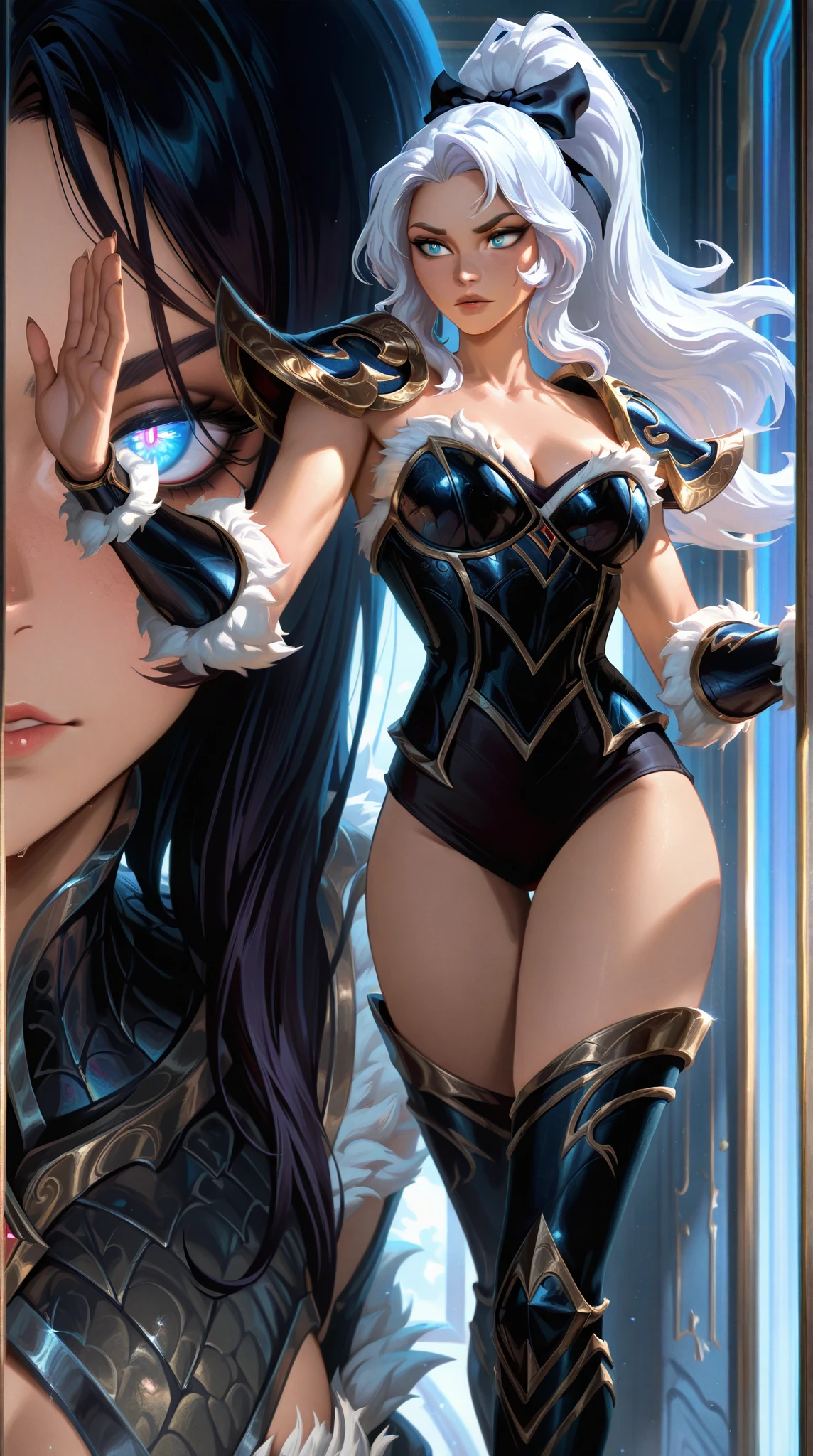 masterpiece, best quality, 1girl, mona (genshin impact), twintails, long hair, witch hat, pantyhose,gloves, black hair, choker, jewelry, cape, gold trim, blue leotard,earrings, detached sleeves, star (symbol), hat ornament, blue eyes, fur collar, parkle print,grey background, kbxll,detailed face, detailed eyes detailed hands, full body, detailed Hands