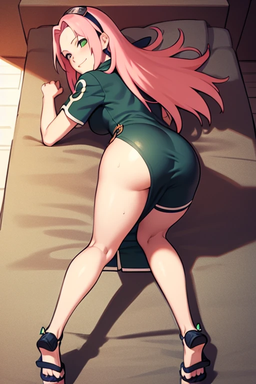 NFSW,masterpiece, Highest quality, Super detailed, Glowing Skin, Professional Lighting, sakimiyairuka, Spread your legs wide and squat down, one side on top, Green scrunchie, hair ornaments, Redhead, Green Eyes, Large Breasts, Big Ass,Firm stomach, full nude,back angle
