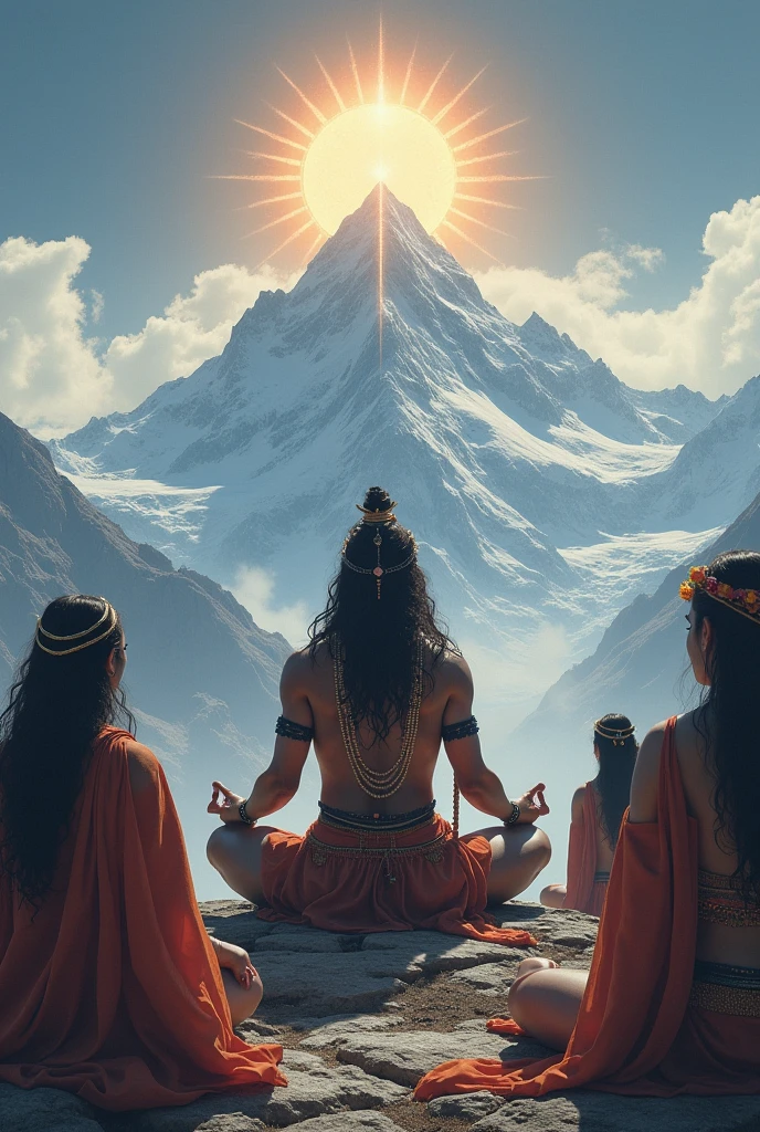 Photography of a man with long flowing hair engaged in a yoga pose, facing the sky where the majestic visage of God Shiva gazes down towards his devotee in a fantastical and otherworldly manner. The man's focused posture and spiritual connection contrast with the divine presence of Shiva, whose gaze conveys a sense of cosmic wisdom and benevolence. The surreal composition captures a moment of spiritual communion and transcendence, blending the earthly with the divine in a captivating portrayal of devotion and enlightenment
