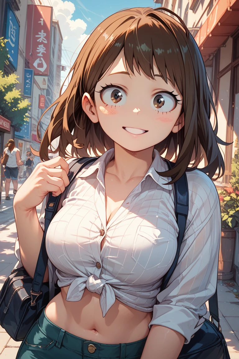1girl,solo,yuuki mikan,, ,brown hair,, ,1girl,,,big breasts,,open mouth,,tongue,smile,(spoken heart),outdoor,,looking viewer,(((casual clothes))),walking,miniskirt
