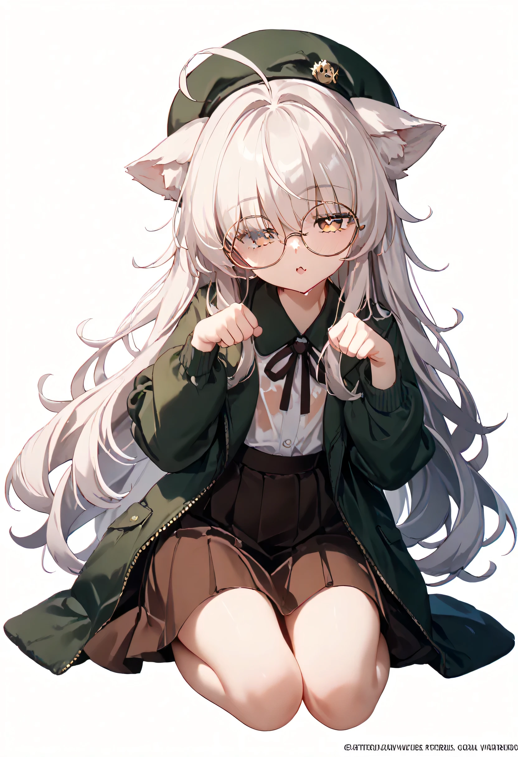 (musterpiece), (best quality), (score_9,score_8_up,score_7_up,score_6_up,score_5_up), very detailed eyes, expressive eyes, perfect face, very detailed face, highly detailed face, beautiful girl, 8K, beautiful girl, (white background:1.3), delicate and beautiful face and eyes, dark intense shadow, highres, official art, (full body), 1 girl, solo, (:1.3), long hair, hair over eyes, eyes visible through hair, Platinum hair, messy hair, ahoge, golden eyes, empty eyes, half closed eyes, expressionless, small chest, clavicle, white loose clothes, ass visible through thighs, sitting,(highest quality,masterpiece:1.3),((1 cute girl:1.2)),(:1.2),expressive 目s, Perfect Face,Brown eyes,dark green beret,White hair,long ahoge,Round Glasses Black,retro city background,Brown tie,brown skirt,Dark green jacket,Low Perspective,Wet shirt,amount, open amount,chibi,paw pose, cat ears, animal ears, fang,