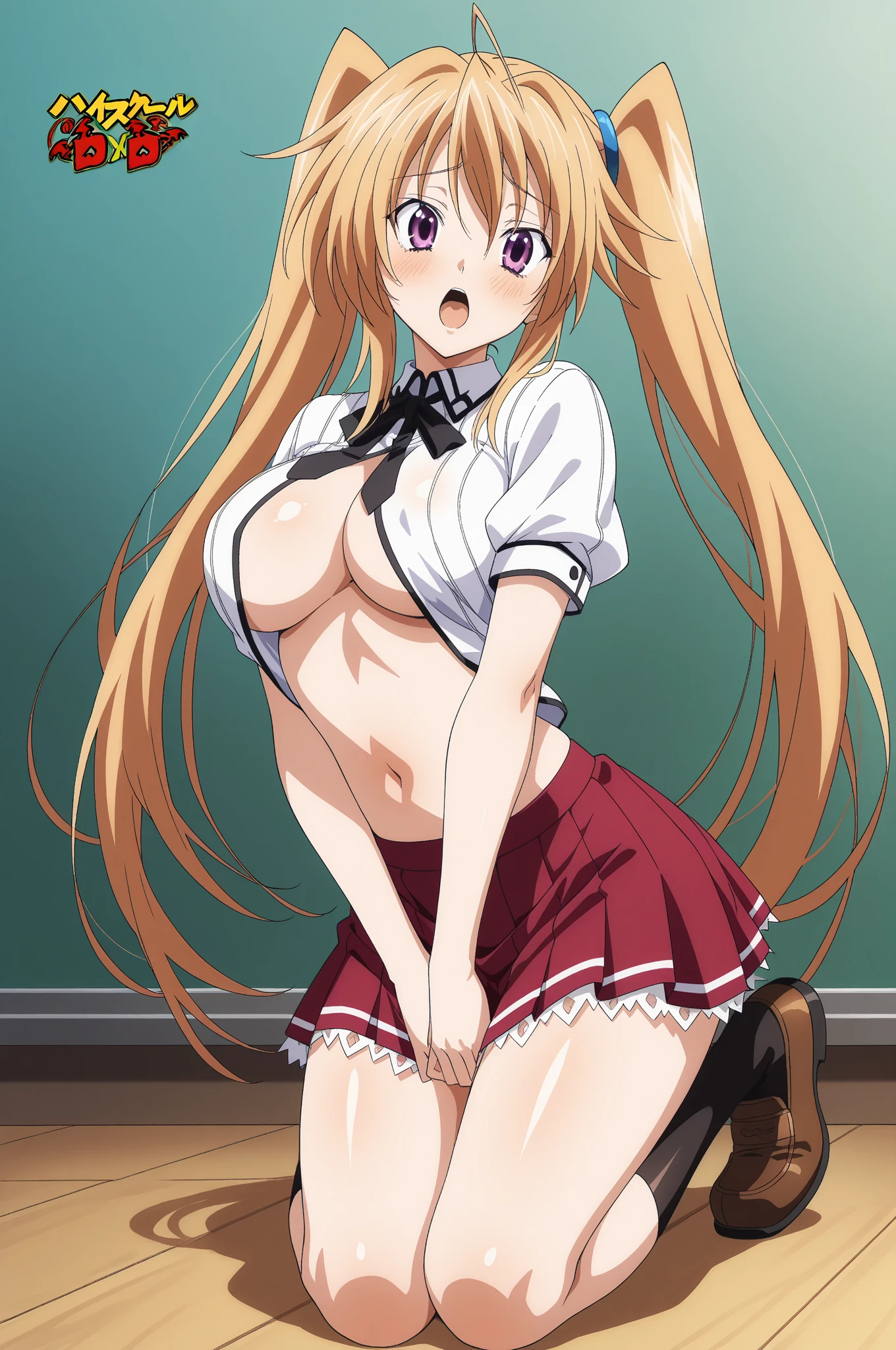 masterpiece, best quality, highres, NSFW, hentai, 1girl, blonde_hair, Blue_eyes, large breasts, huge breasts, black collar, black corset, red school skirt, black thigh highs, classroom, kneeling on floor, spread knees, right hand between legs, horny, excited smile, looking up at viewer, focus solo