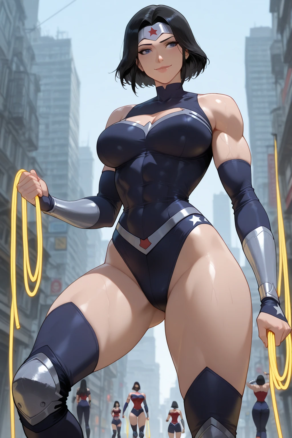 (high resolution, pixel perfect, gorgeous illustrations), (hyper quality, muste piece, etheric: 1.4), ((solo, 1girl)), ((arms behind head)), (((((spread legs, open legs wide))))), cool atmosphere, black hair, ((Exquisite face)), ((((vulgarity)))), (((((((muscular))))))), ((thick thighs)), (((wide hips))), ((Big breasts that are about to burst)), fighter, (((wh_chi_armor))), ((black_zentai, black_bodystocking)), ((cameltoe)), shiny skin, gleaming skin, sweat, simple background,