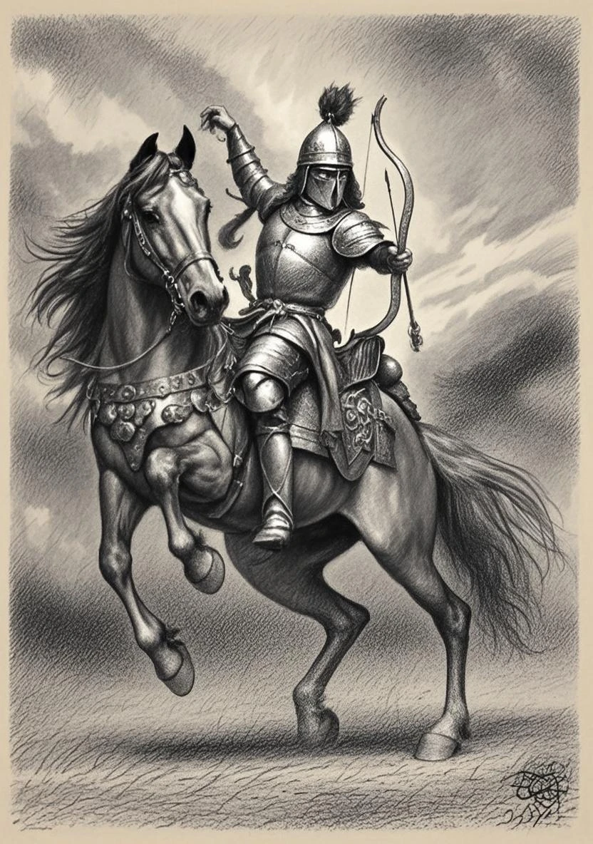 drawing of a warrior on top of an animal