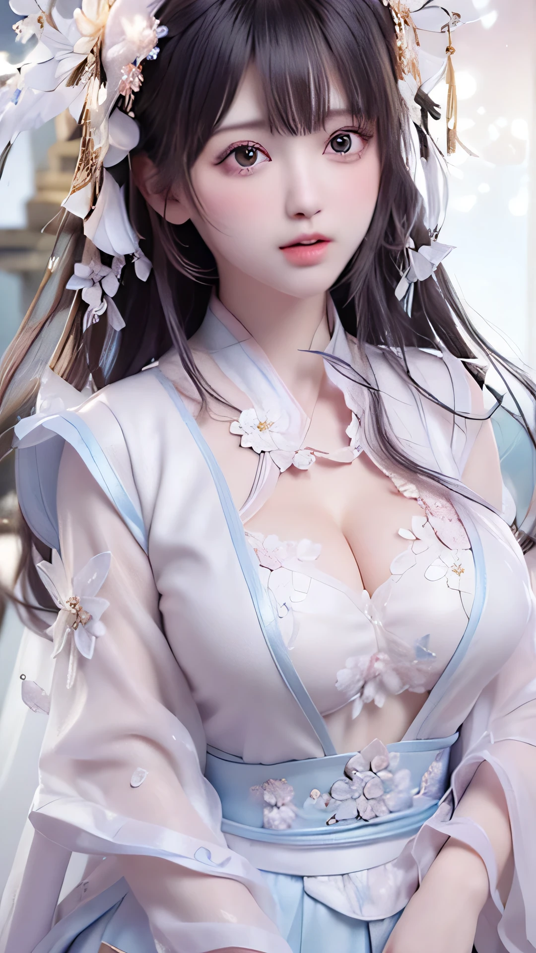 a princess 8 yeald old cute Hanfu dynasty open V-chested clothes royal, All pictures, Wet body of thin silk fabric, Thin silk lace petticoat,princess 8 yeald old cute, (huge boobs,cleavage),petticoat, white pink, blue ,best qualtiy,tmasterpiece,超高分辨率,(真实感:1.4),RAW photogr,(True skin texture:1.3),(filmgrain:1.3),(Selfie angle),1个Giant Breast Girl,Beautiful eye and face details,tmasterpiece,Best quality at best,exposing thighs,Bigchest,The chest is more exposed, detailed hair,above looking down facing at camera,short dressPrincess Eyes,Super big eyes,Detailed face,shiny pupils, dress pink (a garden,moon palace,Chang'e,mooncakes)