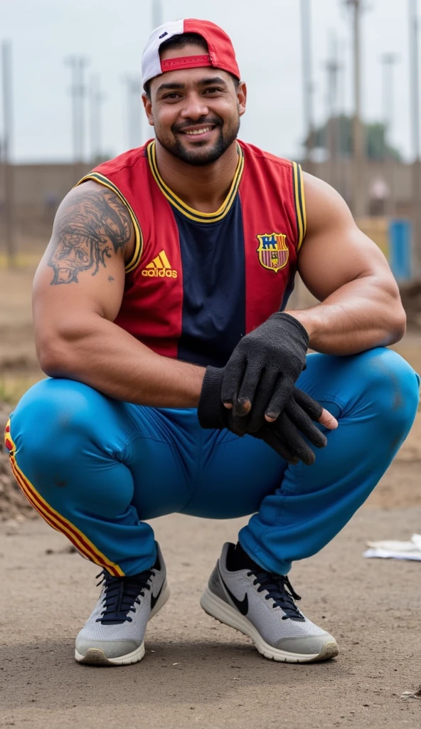 Very muscular Latino man, veiny arms with tattoos, broad back and shoulders , sweaty body and face. He is wears long ligth blue Adidas pants with blue, yellow and red stripes, large and detailed package, they look a bit dirty. He wears a red and white vertically striped soccer jersey. He wears a red basketball cap with white and blue Nike sneakers. He has black wool gloves on his hands with his fingers out. He is wearing Nike sneakers, dirty with white and blue mud. He has black wool mittens in his hands. He is wearing a white Nike cap, dirty with grey stains. He looks sweaty, he has tattoos on his muscular arms, the veins are visible. He is squatting and looking straight ahead, smiling. He is at a construction site.