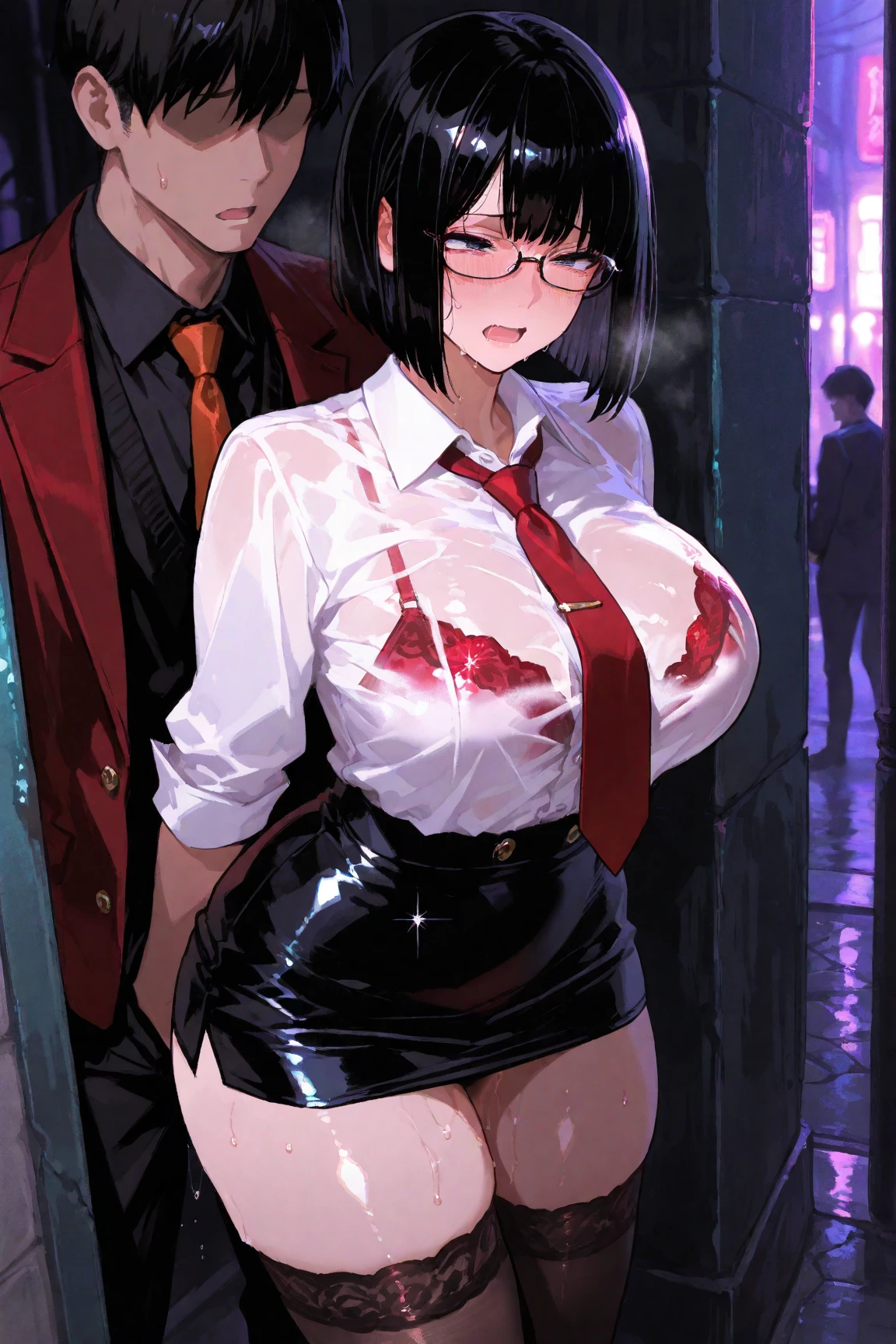 1 girl, anatomically correct, short brown hair, nurse headpiece, beautiful brown eyes, circular glasses, cute, embarrassed, blushing, topless, very small breasts, white mini skirt, stocking, 1 man behind girl, anatomically correct, grabbing her breasts, squeezing her breasts with his hands, groping her breasts, grabbing her breasts, squeezing her breasts, public background, night, dark sky, bad lighting, dark background , dark alley, dangerous alley background, 8k, best quality