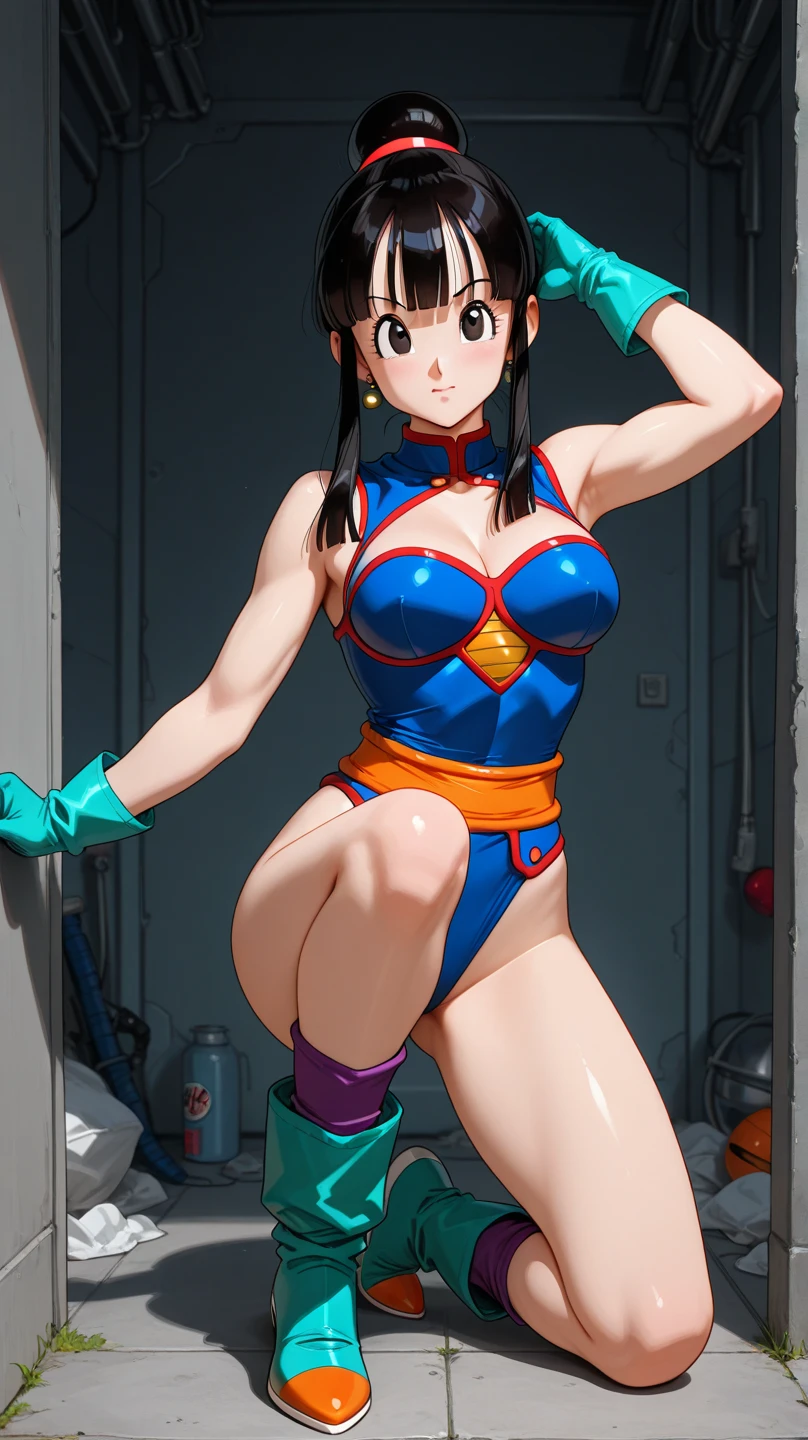 (high resolution, pixel perfect, realistic, gorgeous illustrations), (hyper quality, muste piece, etheric: 1.4), (solo, 1girl), ((long hair, black hair, blue eyes)), (((((((stand,open legs)))))), mature woman, cool atmosphere, finely detailed beautiful eyes and detailed face, wide hips, Big breasts that are about to burst, fighter, ((((wh_chi_armor)))), (leotard), ((cameltoe)), lewd woman, shiny skin, gleaming skin, sweat, simple background,