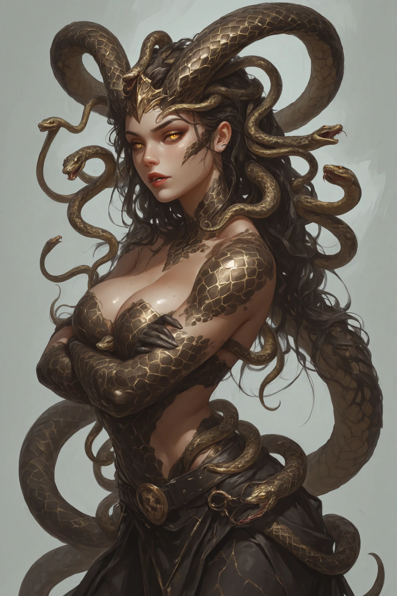 a full-body portrait of a serpent woman made of snake, in a grotto, hair of thousands of small golden serpents, wet, natural body posture, rain, Art by Alberto Seveso, by Carne Griffiths, by Wadim Kashin, by jean baptiste monk, symmetrical, abstract art style, complex and intricate watercolor painting, sharp eyes, digital painting, explosion of colors, concept art, volumetric lighting, TanvirTamim, metallic reflections, 2d rendering, 8k. by artgerm, trend in artstation