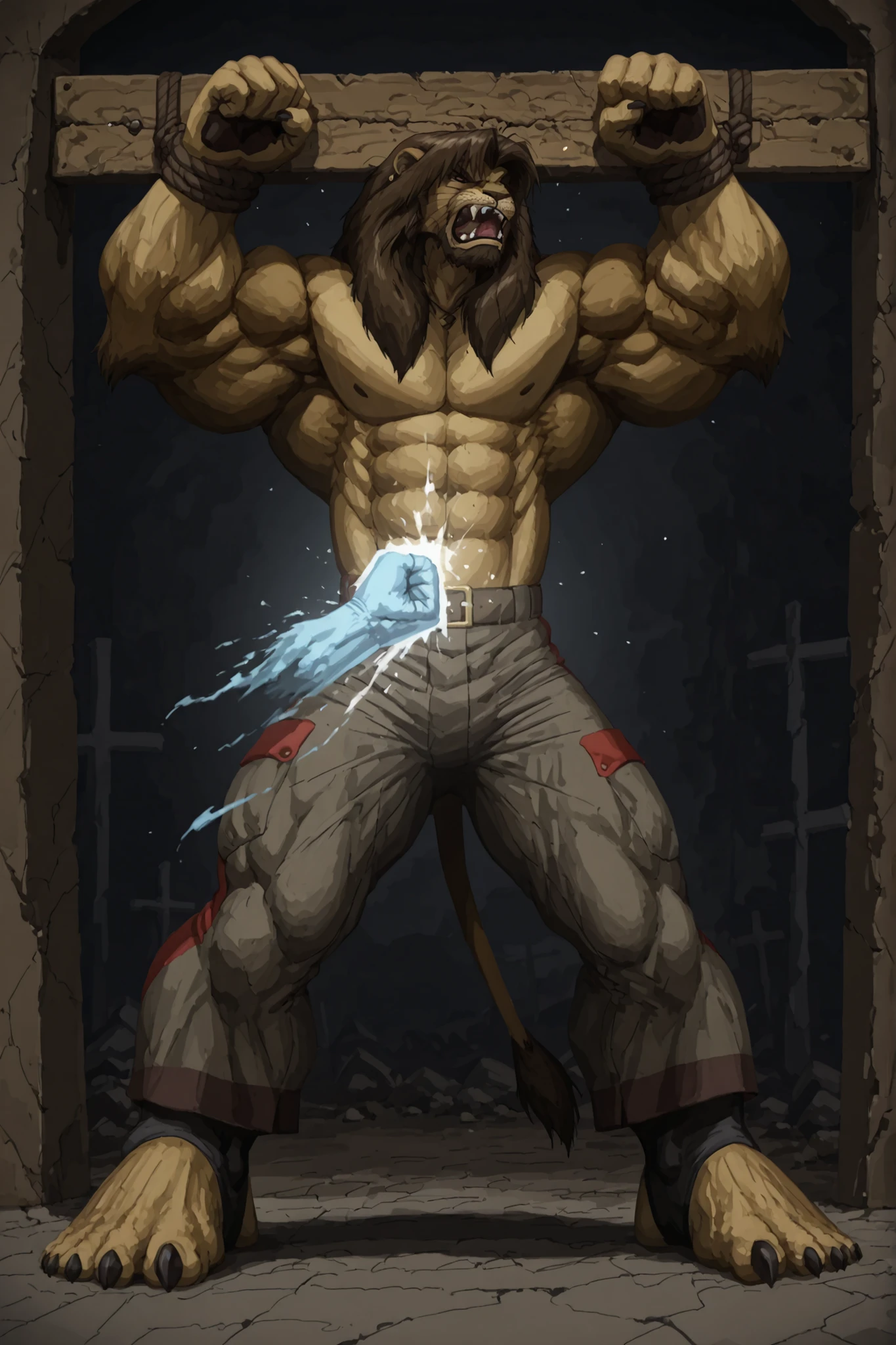 Mitzakan, (masterpiece, highly detailed face, detailed realistic dark brown eyes), Highest Quality, 4k, masterpiece, solo, Amazing Details, highly detailed face, (Galen Dhaelos, lion head, thick eyebrows, 1boy, dark brown mane, FULL BODY, face, muscular, strong, lion tail), pants, intense stare, anger, shock, night time, streets, break, standing, attacked, assault, assaulted, tied, bound, spread eagle, hands tied over head, legs tied spread wide, Saint Andrew’s cross, trapped, prisoner, captured, captive, ghost hands, punch in gut, gut punch, GUT PUNCH, GUT PUNCHING, fist to abs, upper cut, getting hit, contact, punched, getting punched in the stomach