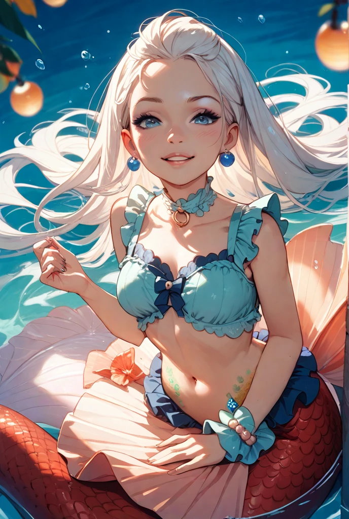 ((masterpiece, highest quality)), ((mermaid)),1 girl, pink wavy long hair, purple eyes, open mouth, smiling, happy, cute, shining crystal earrings, rainbow colors, looking at viewer, looking ahead, from above, underwater, bubbles, sunlight streaming in