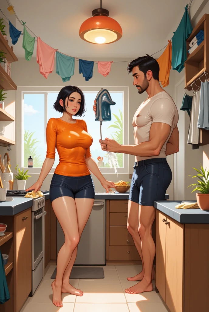 A kitchen setting where a woman with huge muscles wearing green bikini top and jeans trousers is standing to the left of the pic and to the right of her are two men, one where a shirt and the other man wearing a red sweater, muscle woman, woman with massive muscles