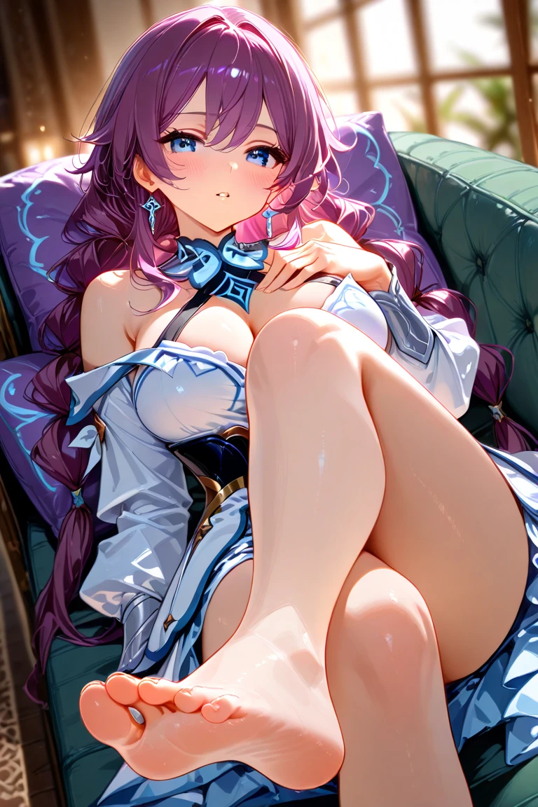 ((best quality)), ((masterpiece)), (detailed), perfect face solo, 1girl, smile, looking down, big breasts, foot focus, foreshortening, soles, bare legs, spread legs, light purple hair, hair, cream eyes, night, Common_Yarrow \(flower\), floral background