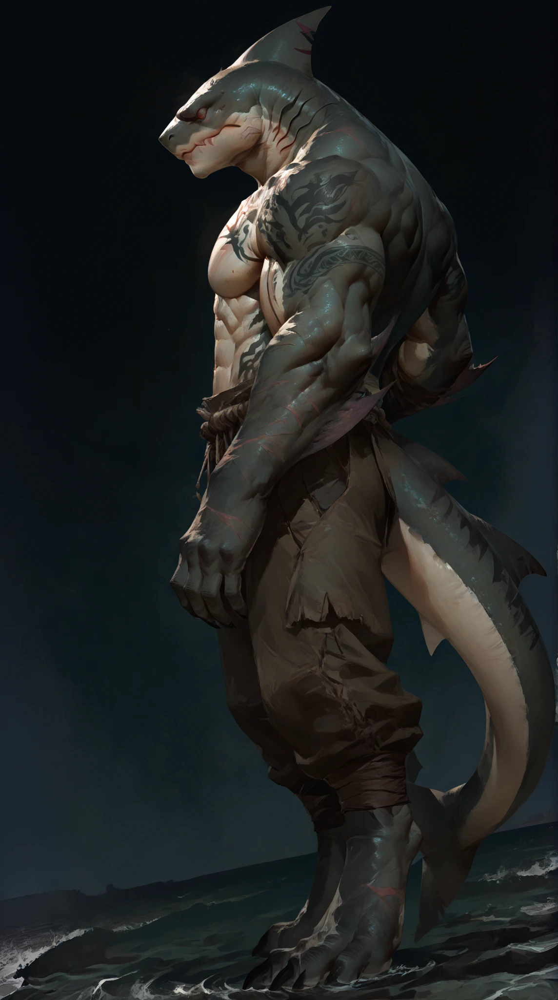 a ferocious male dragonborn, solo, muscular detailed body, standing with crossed arms, full body, black color body, scalie, red eyes, pants, armless bodysuit, comicbook style, best quality, 4k, ultra-detailed, by laobai, by taran fiddler, by honovy