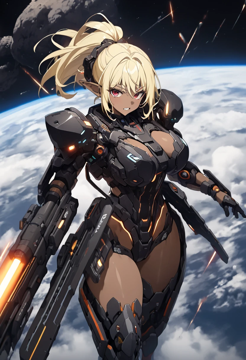 Muscular beauty with long blond hair,horned helmet,Abdominal muscles,White blue sci-fi armor,cleavage,Bare waist,briefs,Back rocket launcher,Bare Legs,Big cities