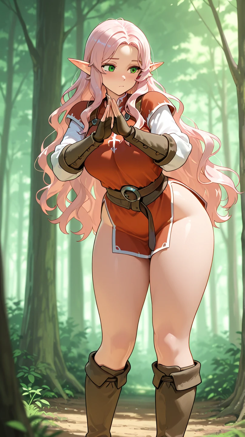 1girl, big ass, big breasts, white stockings, light brown clothes, fair skin, light pink eyes, red-green hair, yellow parts of clothing, apple tree