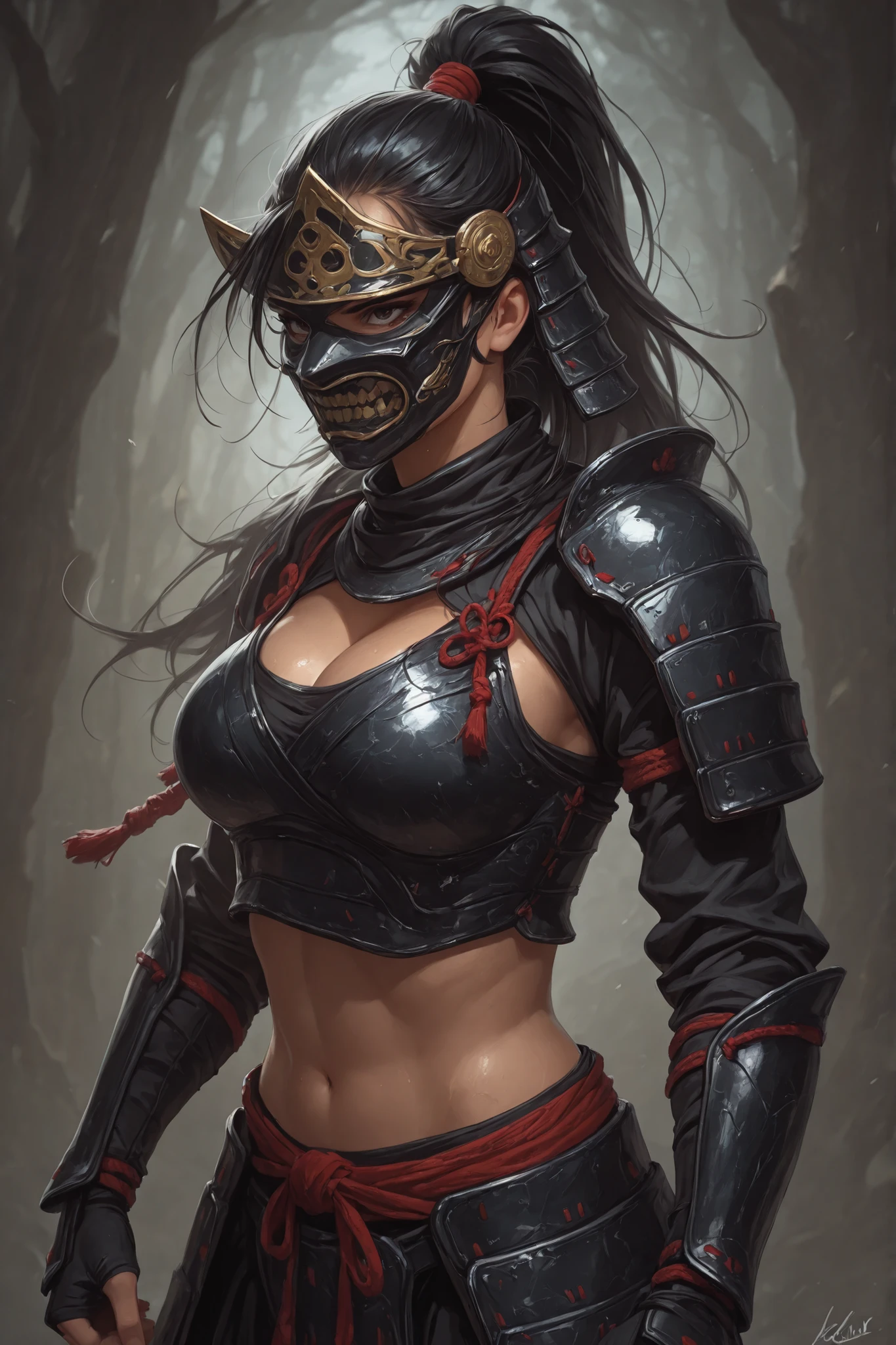 samurai woman, wearing a mask , very sexy body, traditional samurai armor, in a battle posture