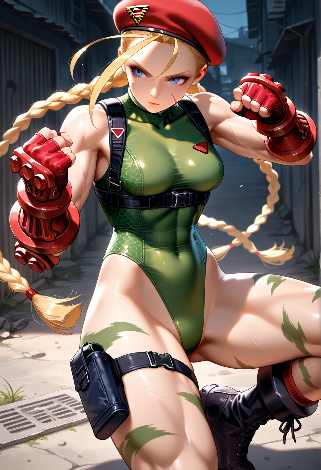 a close up of a woman in a green bodysuit and red gloves, cammy, cutesexyrobutts, strong pose, posing for a fight intricate, powerful pose, thicc, character is in her natural pose, fighter pose, most strongest pose, sexy pose, realistic shaded perfect body, badass pose, fighting game character, in fighter poses, fight pose