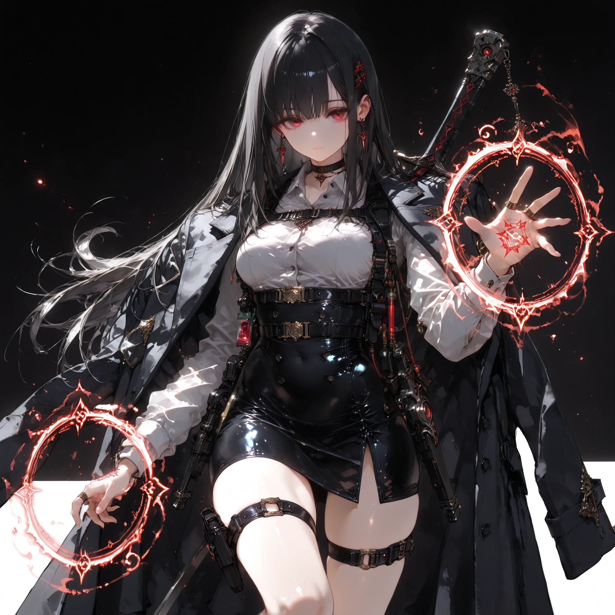 ((best quality)), ((masterpieces)), (detailed), perfect face, SOLO, ((1 girl)), ANIME, beautiful detailed eyes, long hair, long straight hair, black hair, RED EYES, BARE thighs, (((BARE LEG))), ((black tight-fitting Mini office skirt)), (((dress shirt))), ((Medium Breasts)), Choker, (thigh strap), ((black uniform jacket)), expressionless, earring, (buckle), ((Tuck in the shirt)), tight Mini office skirt, Hair fluttering, magic effect, magic circle, low waist skirt, hairpin, no background, black skirt, ((black general's uniform coat draped over the shoulders)), ((harness strap)), Weapon Spell Rings,