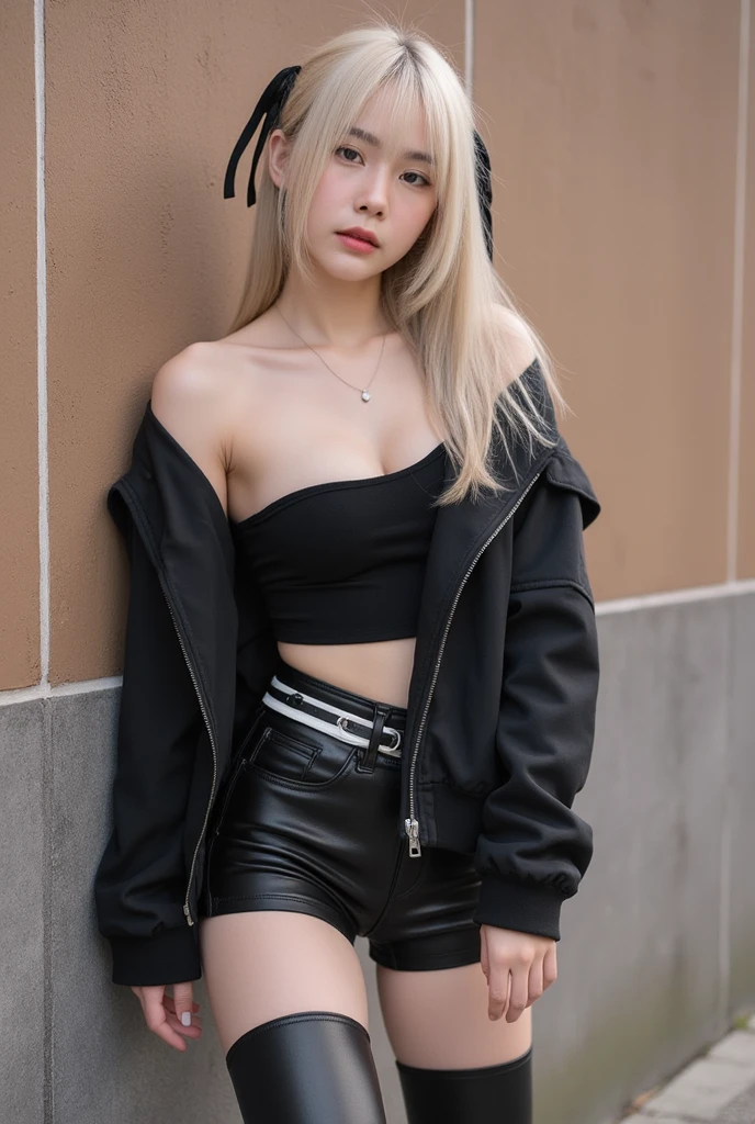 Kelly Hu, Petite, asian, darkskin,blonde hair, 18 year old Chinese woman, flat chested, earrings, eye liner, tattoos, double bun, 4k, very detailed, 80sgirlpearl, Scarlett, eyeliner, ((blonde hair)), BREAK, solo, goth girl, 18 year old,, (flat chest:1.3), (combat boots), fishnet stockings, tube top, leather jacket, shorts, petite body, skinny thighs, walking along a cyberpunk alley at night, , set in a post-apocalyptic city alley, broken windows, debris-filled , masterpiece, best quality,marketplace style, destroyed village, crowd, people, standing, destroyed building, nuclear wasteland, industrial area, cities in alien planet, road, bridge, UnrealisticDream, DV_Kalina_Vicious