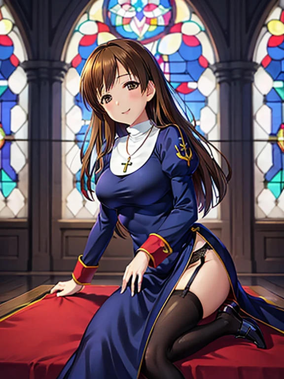 priestRO, long sleeves, pantyhose, thighhighs, garter belt, white gloves, long skirt. shoes, cape, long dress, puffy sleeves, turtleneck,
necklace, cross necklace,
brown hair, brown eye, long hair,
standing, ((praying)), own hands togather,
looking at viewer, smile,
upper body, medium shot, cowboy shot,
catholic church, light through window, church, stained glass, wooden bench,