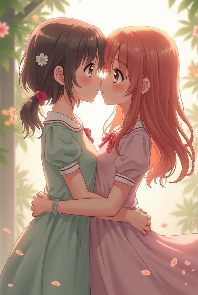 Create an image of the characters from boku no hero ochako uraraka and eri kissing