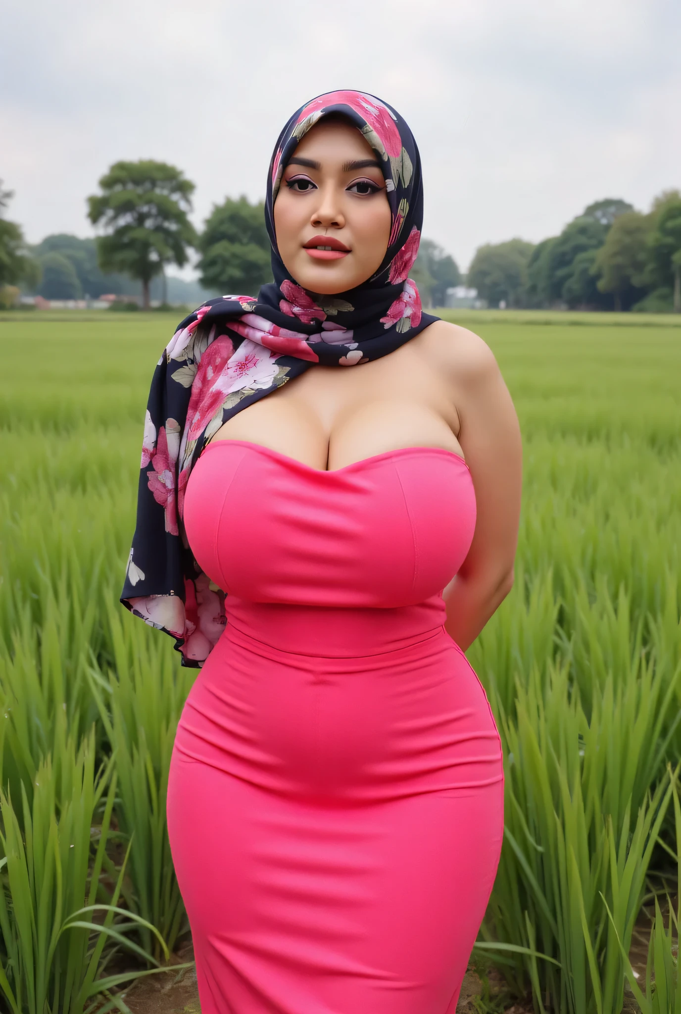 Best quality, high resolution, masterpiece: 1.3), beautiful Malay woman in hijab, big breasts, (masterpiece, best quality)perfect slim fit body, (huge breasts), big gorgeous eyes, soft smile, detailed printed sundress, necklace, hairband, afternoon walk, city garden, excellent lighting, bright colors, clean lines