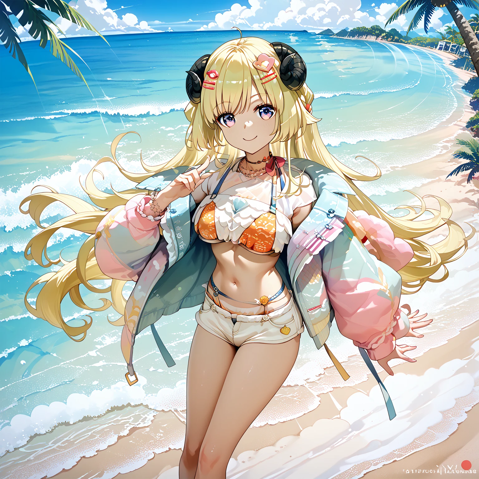 Young woman, dark skin, blonde, Hawaiian shirt, shirt slipped off shoulder, swimsuit visible, Background sea, that&#39;s it, seashells on a necklace, flowers
